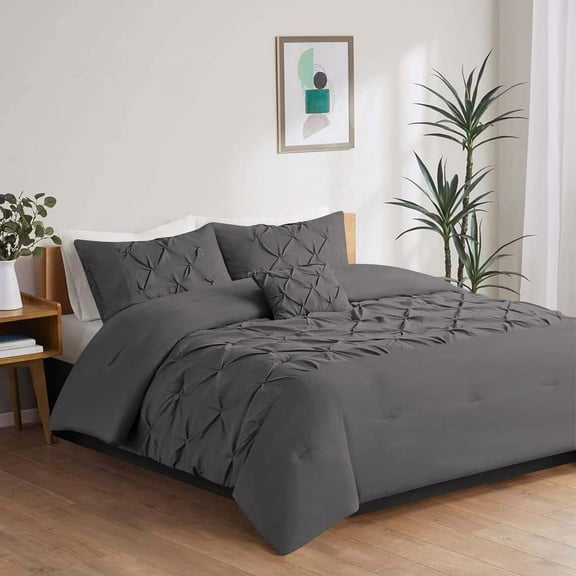 1 Piece New Half Pinch Pleated Pattern Comforter, 800 TC, 100% Egyptian Cotton, Twin/Twin XL Size Dark Grey Solid