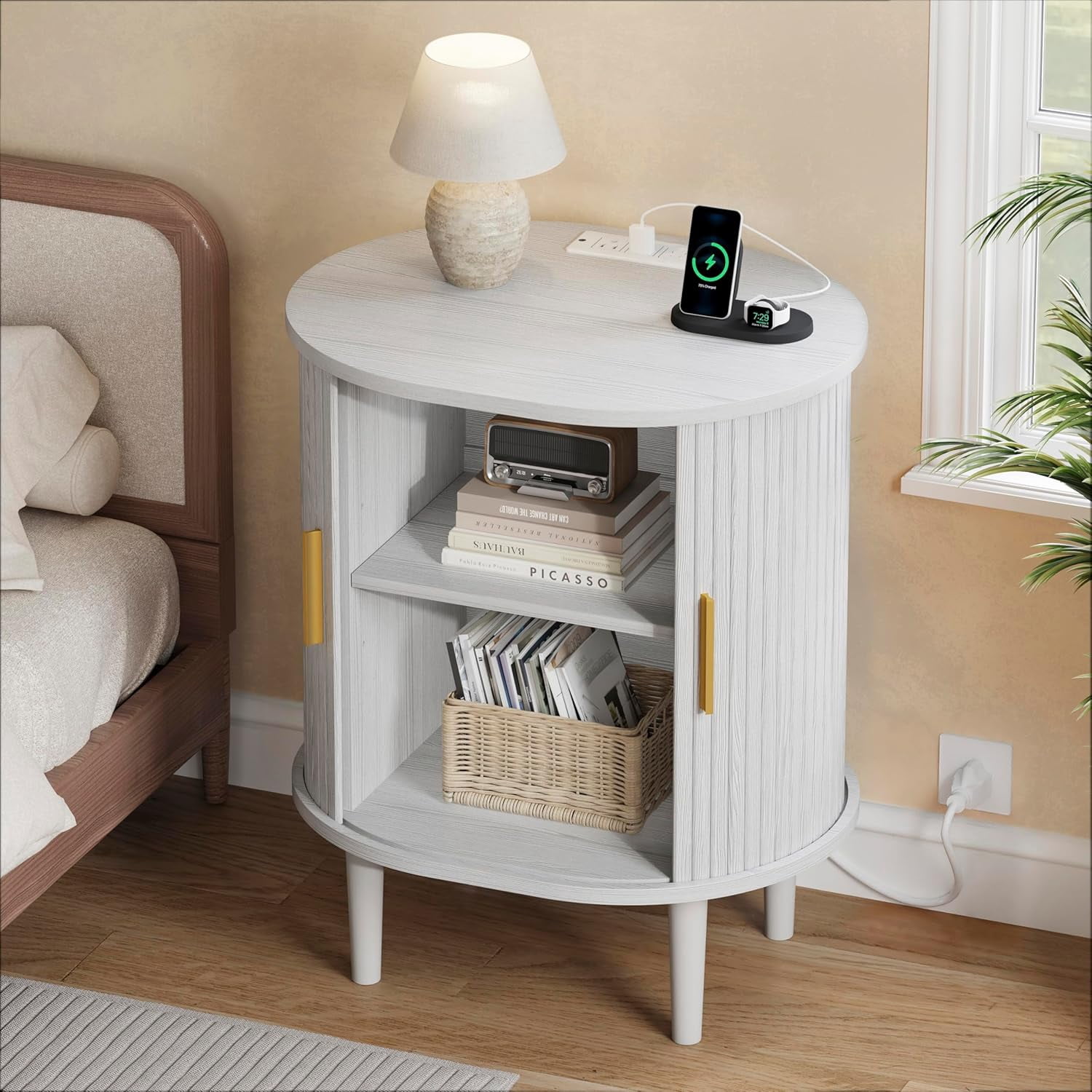 1-Piece Nightstand Set with Charging Station Mid-Century Modern, White Fluted Side Tables with Sliding Door & Adjustable Shelf, Space-Saving End Table for Bedroom, Living Room