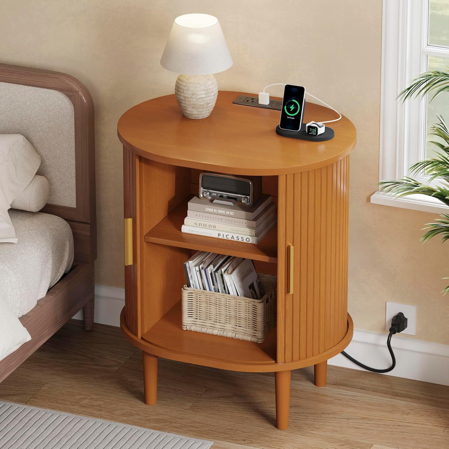 1-Piece Nightstand Set with Charging Station Mid-Century Modern, Yellow Fluted Side Tables with Sliding Door & Adjustable Shelf, Space-Saving End Table for Bedroom, Living Room