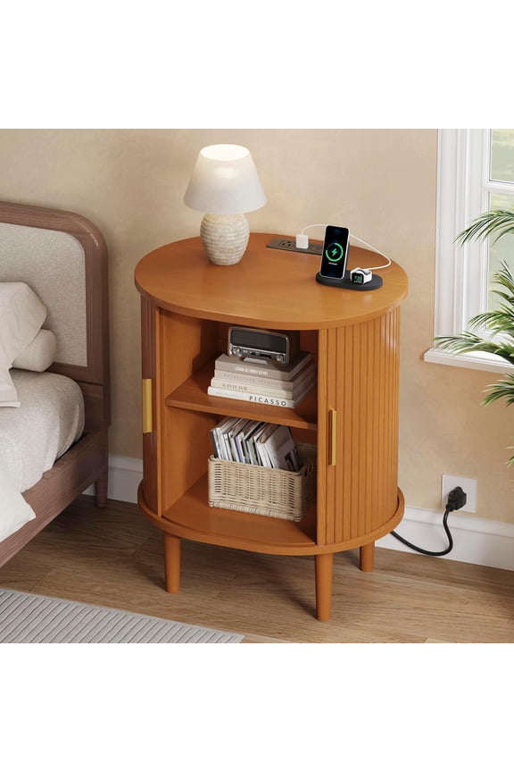 1-Piece Nightstand Set with Charging Station Mid-Century Modern, Yellow Fluted Side Tables with Sliding Door & Adjustable Shelf, Space-Saving End Table for Bedroom, Living Room