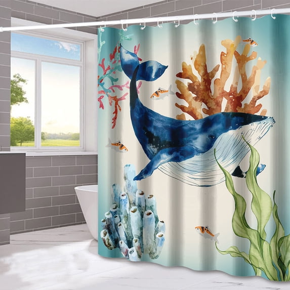 1 Piece Ocean Fish Shower Curtain Set, Waterproof Polyester Bathroom Curtain with Non-Slip Mat, Rustproof Grommets Weighted Hem
