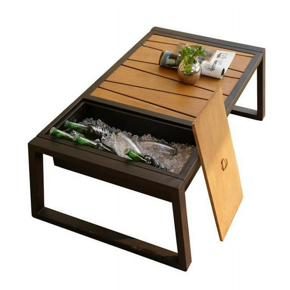 1 Piece Outdoor Garden Black Iron Coffee Table with the Drink Cooler