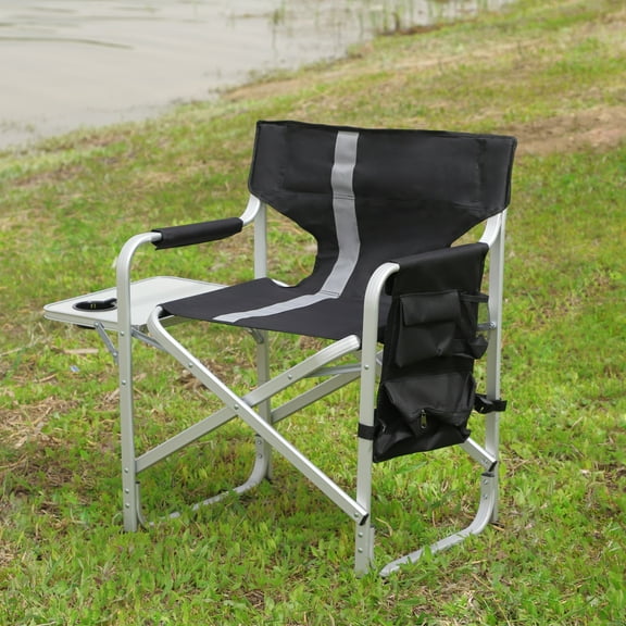 1-Piece Padded Folding Outdoor Chair With Side Table And Storage Pockets, Lightweight Oversized Directors Chair For Indoor, Outdoor Camping, Picnics And Fishing, Black/Grey