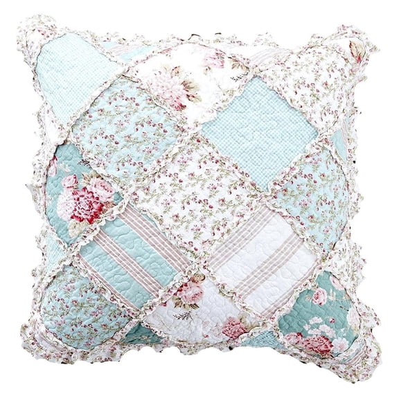 1-Piece Patchwork Blooming Floral Euro Pillow Sham - Hint of Mint Cotton Garden Country Cottage - Ruffles Muted Pastel Light Seafoam Blue/Green - 26" x 26" 26" x 26" (Pack of 1) Mint Blue
