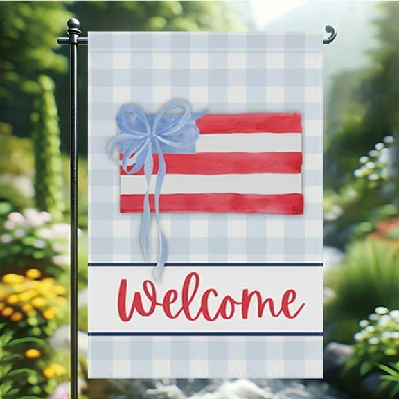 1 Piece Patriotic Welcome Garden Flag - Double-Sided Red, White, and Blue Checkered Design, Bowknot and Cursive Welcome Message, Pole-Free Installation, 12x18inch Outdoor Decoration