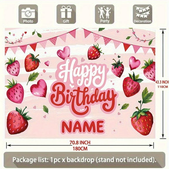 1 Piece Personalized Strawberry Birthday Banners-Custom Name Text, Cute Pink Strawberry with Heart Design, Durable Polyester Background Fabric, Suitable for Indoor/Outdoor Parties, Wed