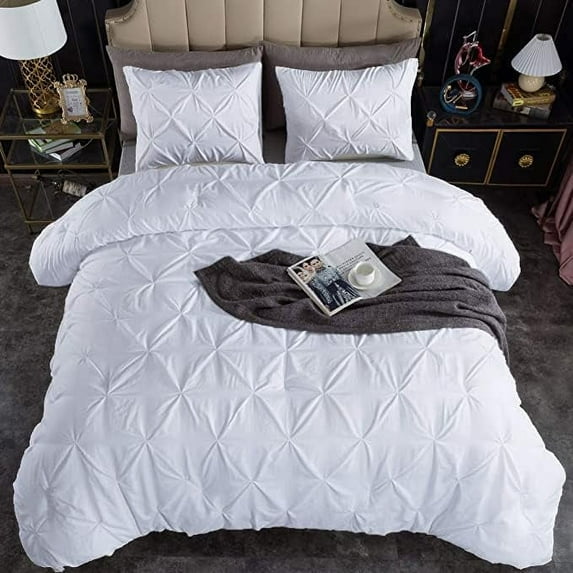 1 Piece Pinch Pleated Duvet Cover 100% Cotton 1000 TC with Zipper Closure & Corner Ties Pintuck Bedding Duvet Cover - King/California King Size (94" x 104") Inch, White Solid