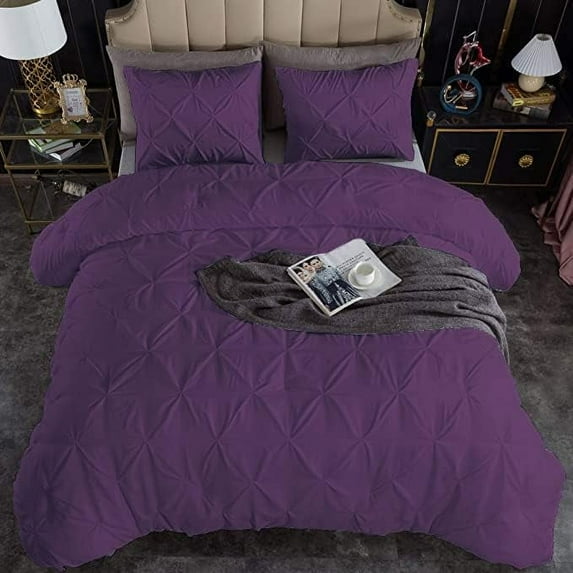 1 Piece Pinch Pleated Duvet Cover 100% Cotton 1000 TC with Zipper Closure & Corner Ties Pintuck Bedding Duvet Cover - Oversized Queen Size (98" x 98") Inch, Plum Solid