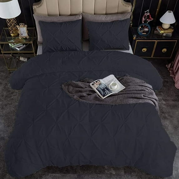 1 Piece Pinch Pleated Duvet Cover 100% Cotton 1000 TC with Zipper Closure & Corner Ties Pintuck Bedding Duvet Cover - Oversized Super King Size (120" x 98") Inch, Black Solid