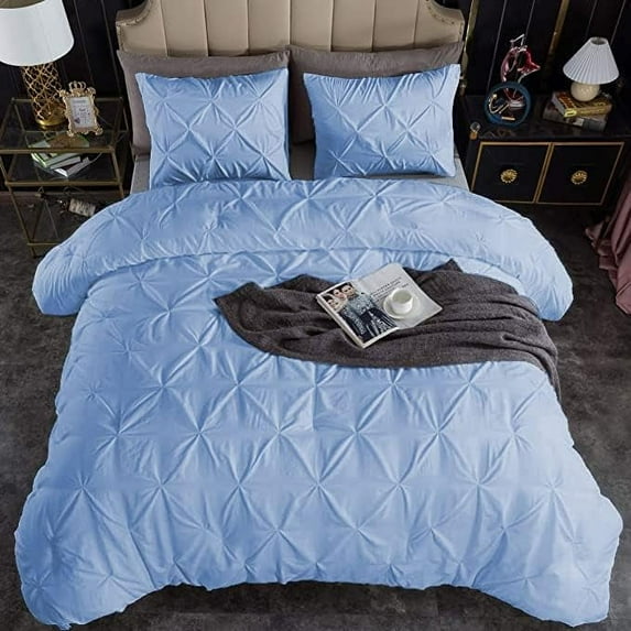 1 Piece Pinch Pleated Duvet Cover 100% Cotton 1000 TC with Zipper Closure & Corner Ties Pintuck Bedding Duvet Cover - Oversized Super King Size (120" x 98") Inch, Light Blue Solid