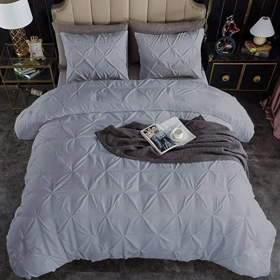 1 Piece Pinch Pleated Duvet Cover 100% Cotton 1000 TC with Zipper Closure & Corner Ties Pintuck Bedding Duvet Cover - Oversized Super King Size (120" x 98") Inch, Silver Solid