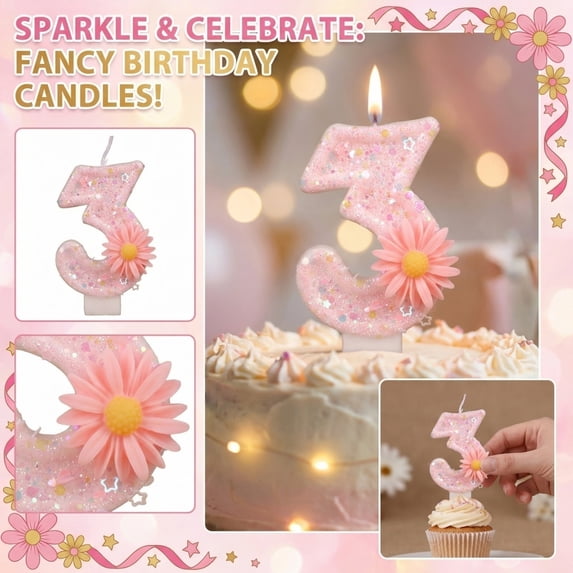 1-Piece Pink Daisy Number Birthday Candle with Sparkling Glitter, Cake Topper for Spring & Sweet Celebrations Number 3