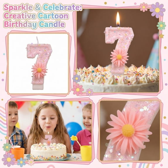 1-Piece Pink Daisy Number Birthday Candle with Sparkling Glitter, Cake Topper for Spring & Sweet Celebrations Number 7