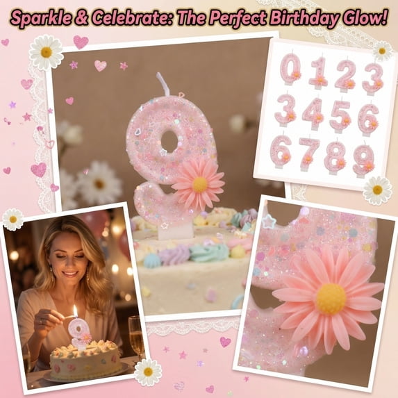 1-Piece Pink Daisy Number Birthday Candle with Sparkling Glitter, Cake Topper for Spring & Sweet Celebrations Number 9