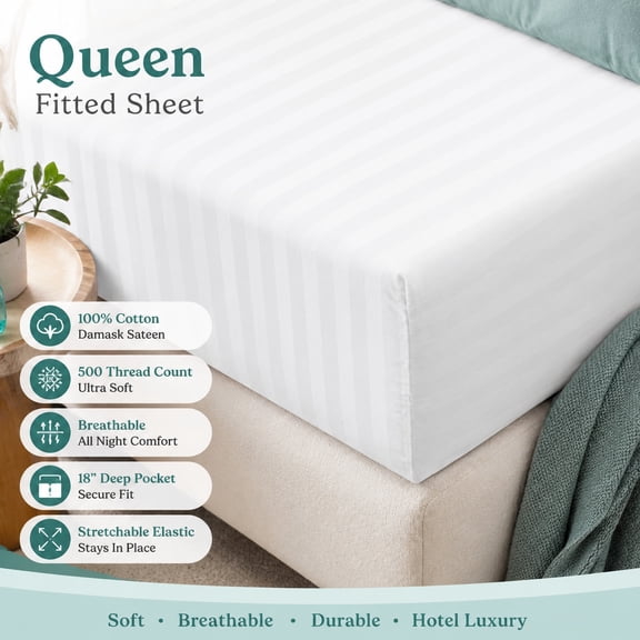 1 Piece Queen Size Fitted Sheet, 100% Cotton Damask Sateen, Striped Breathable Soft Stretch Deep Pocket 18'' Mattress Sheet, 500 Thread Count