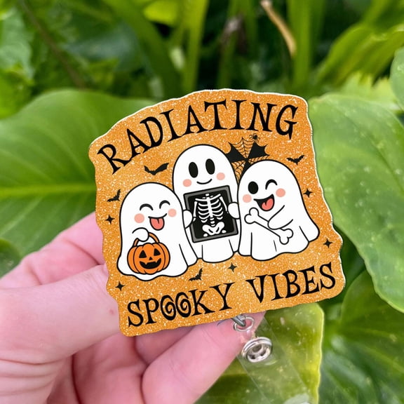 1 Piece Radiology Badge Reel | Radiating Spooky Vibes Ghost Xray Badge Holder | Halloween Retractable ID Clip for Rad Techs Medical Staff