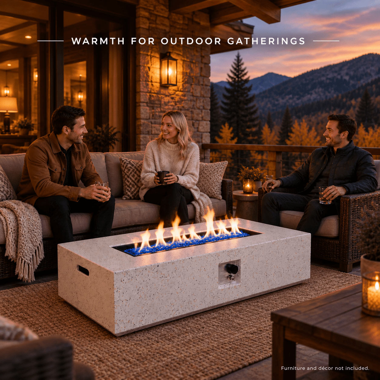 1-Piece Rectangular Outdoor Propane Fire Pit Table, White Terrazzo-Look