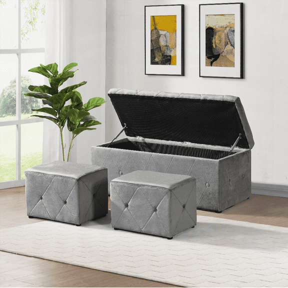 1 Piece Rectangular Storage Ottoman with 2 Set Ottomans (Light Gray - Soft Sponge Filled & Space-Saving)