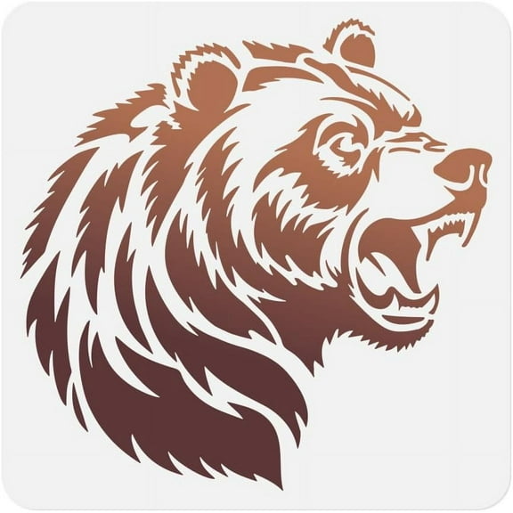 1 Piece Roaring Bear Head Animal Craft Art Stencil 11.8"x11.8" Growling Bear Plastic Reusable Stencil for DIY Wood Burning Paint Template for DIY Painting on Wall Fabric Canvas Furniture Floor