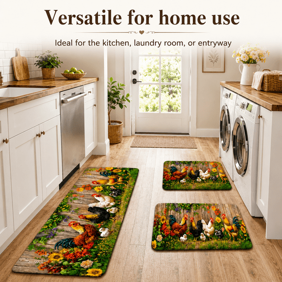 1 Piece Rooster Kitchen Rug Set, Non-Slip Washable Flannel Floor Mats with Cushioned Sponge Layer, Farmhouse Chicken Decor for Sink and Laundry Room