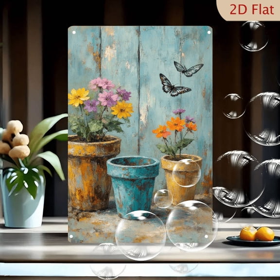 1 Piece Rustic Terracotta Flower Pots with Butterflies 8x12in Metal Wall Art, Vintage Distressed Blue Wood Background Oil Painting Style Decor