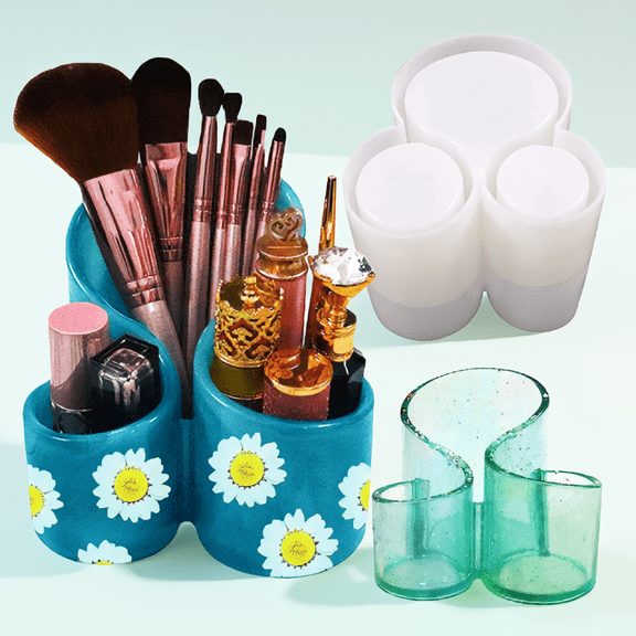 1-Piece Silicone Storage Box Resin Mold, 3-Slot Organizer Mold for Epoxy Casting, Pen Brush Makeup Holder DIY Mold
