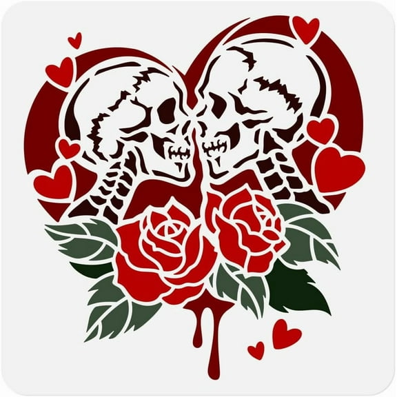 1 Piece Skeleton Lover Rose Craft Art Stencil 11.8"x11.8" Skull Couple Plastic Reusable Stencil for Wood Burning Valentine's Day Paint Template for Painting on Wall Wood Fabric Canvas