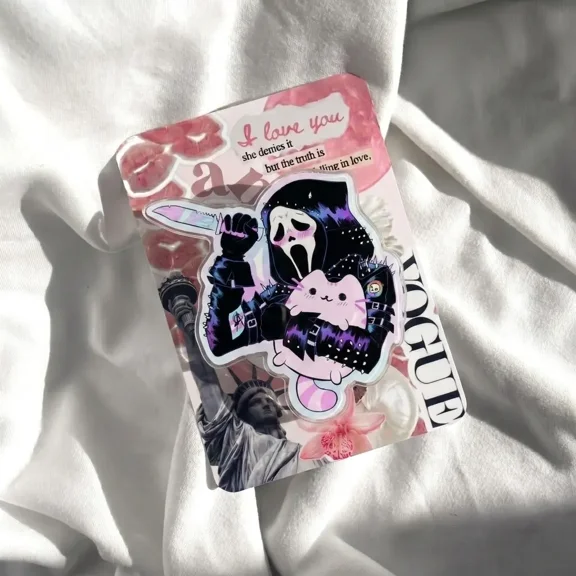 1 Piece Slasher Mask Phone Grip Pink Cat Phone Grip Creepy Cute Phone Holder Pastel Goth Horror Movie Phone Stand Edgy Gothic Acrylic Phone Accessory Kawaii Spooky Gift for Friend