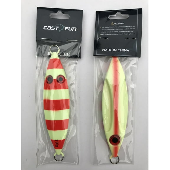 1 Piece Slow Fall Pitch Fishing Lures Sinking Lead Metal Flat Jigs Jigging Baits (Red & Glow in The Dark, 250g (8 5/6 oz))