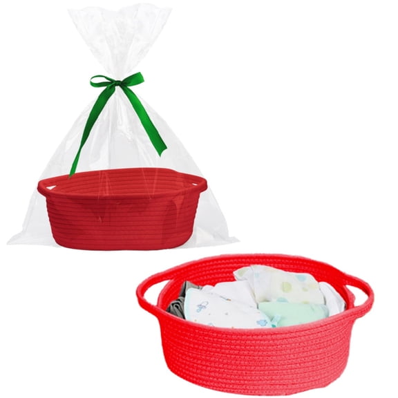 1-Piece Small Woven Natural Cotton Rope Basket 12"x8"x5", Decorative Storage Basket with Gift Bag and Ribbon, Handled Bin for Toys Towels Blankets, Housewarming Gift, Red, By Harlik