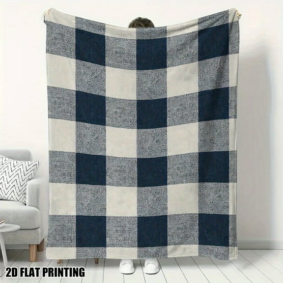 1 Piece Soft Flannel Blanket - Navy Blue and Light Gray Plaid Pattern - Lightweight Plush Sofa Mattress, Camping Use - Four Seasons Comfortable Home Decor