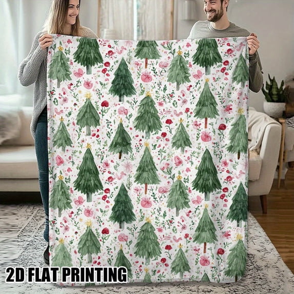 1 Piece Soft Touch Christmas Tree Floral Print Flannel Blanket - Green Pine Trees and Pink Flowers Pattern - All-Season Sofa Bed Decorative Throw Blanket
