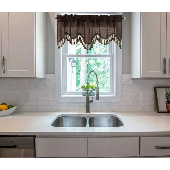 1-Piece Solid Faux Silk Swag Waterfall Ascot Window Curtain Valance w/Tassels Trim Rod Pocket 55" x 18" Wave