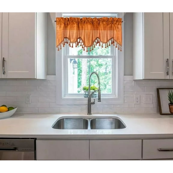 1-Piece Solid Faux Silk Swag Waterfall Ascot Window Curtain Valance w/Tassels Trim Rod Pocket 55" x 18" Wave