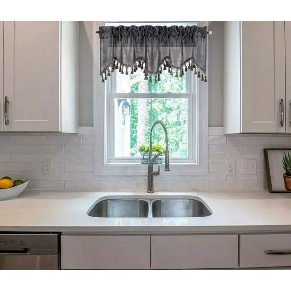 1-Piece Solid Faux Silk Swag Waterfall Ascot Window Curtain Valance w/Tassels Trim Rod Pocket 55" x 18" Wave