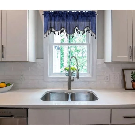 1-Piece Solid Faux Silk Swag Waterfall Ascot Window Curtain Valance w/Tassels Trim Rod Pocket 55" x 18" Wave