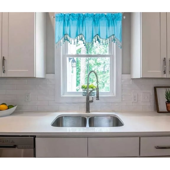 1-Piece Solid Faux Silk Swag Waterfall Ascot Window Curtain Valance w/Tassels Trim Rod Pocket 55" x 18" Wave
