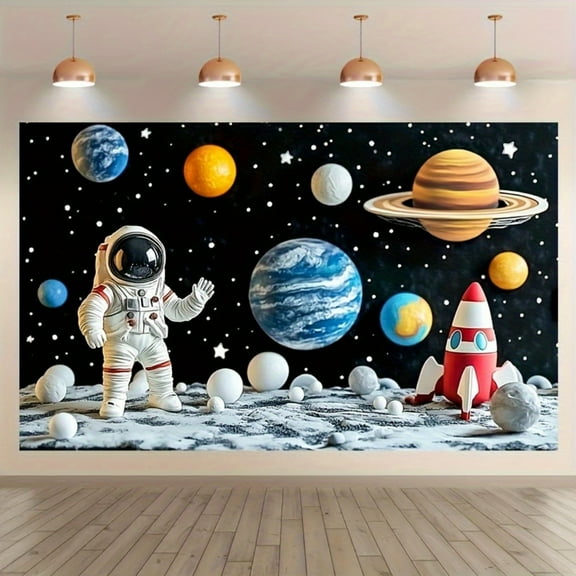 1 Piece Space Explorer with Planet Background Fabric 43.3 X70.8 Inches-Bright Astronaut, Rocket, XINGX and Planet Design-Durable Polyester Blending Photography Background, Suitable for Birthday Party