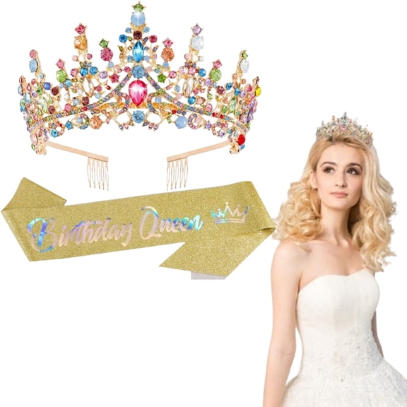 1-Piece Sparkly Crystal Floral Tiara Crown with Comb & Sash, Elegant Rhinestone Birthday Queen Headpiece for Women, Girls, Mom Party Gift