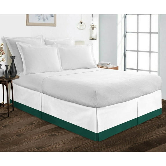 1 Piece Split Corner Two Tone Tailored Bed Skirt By D.N.G. BEDDINGS, Queen Size 18 Inch Deep Pocket, 800 TC, 100% Egyptian Cotton, Solid White/Teal Green Color.