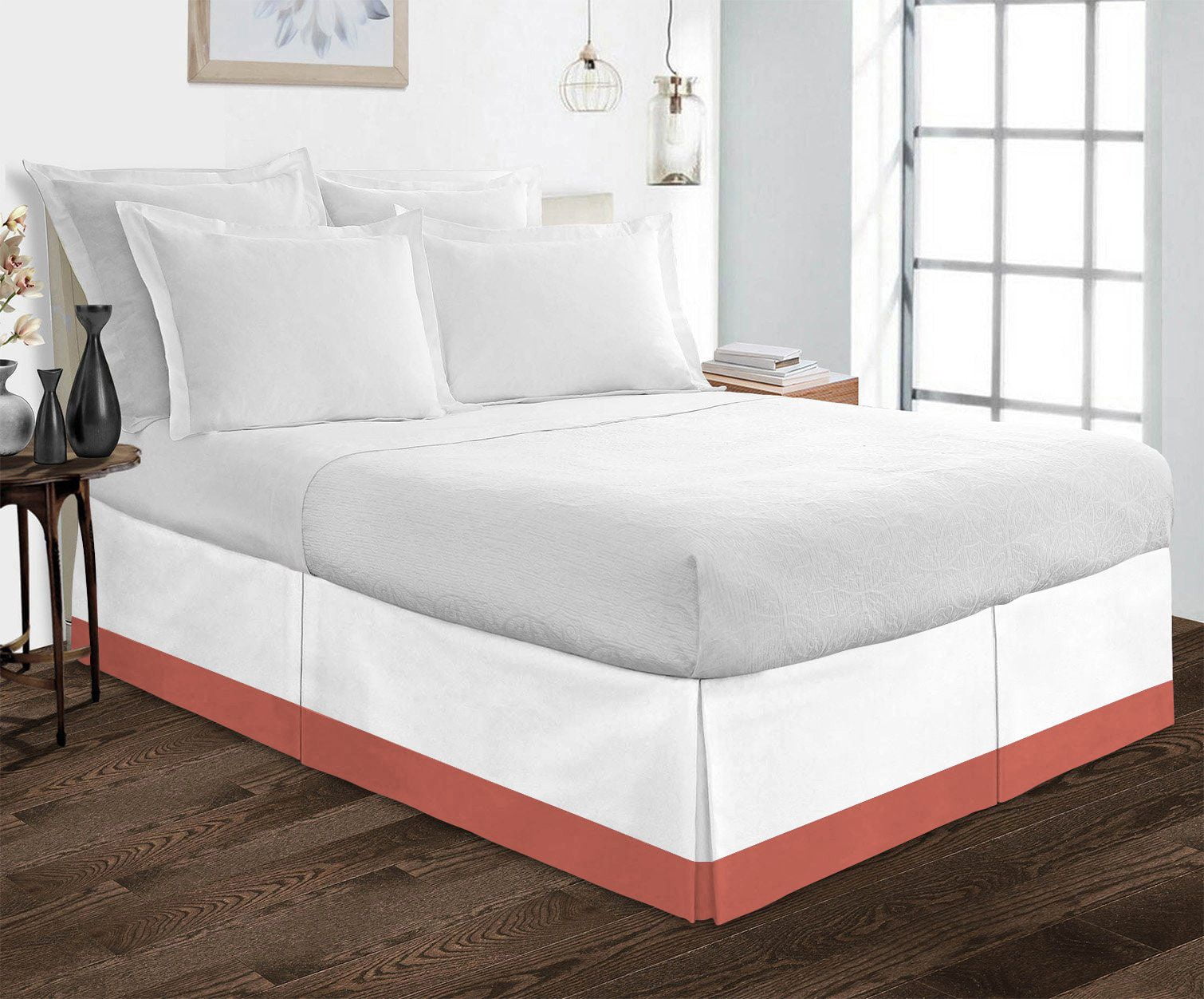 1 Piece Split Corner Two Tone Tailored Bed Skirt By D.N.G. BEDDINGS, Twin Size 15 Inch Deep Pocket, 800 TC, 100% Egyptian Cotton, Solid White/Brick Red Color.
