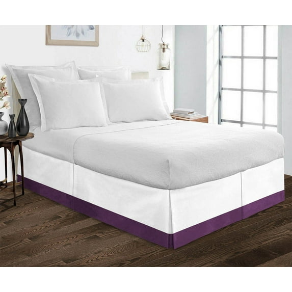 1 Piece Split Corner Two Tone Tailored Bed Skirt By D.N.G. BEDDINGS, Twin XL Size 15 Inch Deep Pocket, 800 TC, 100% Egyptian Cotton, Solid White/Plum Color.