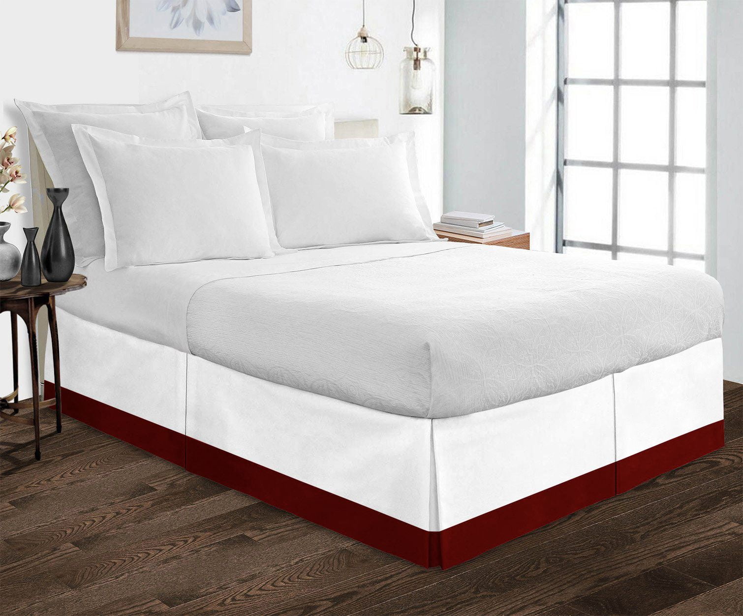 1 Piece Split Corner Two Tone Tailored Bed Skirt By D.N.G. BEDDINGS, California King Size 10 Inch Deep Pocket, 800 TC, 100% Egyptian Cotton, Solid White/Burgundy Color.