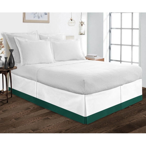 1 Piece Split Corner Two Tone Tailored Bed Skirt By D.N.G. BEDDINGS, King Size 18 Inch Deep Pocket, 800 TC, 100% Egyptian Cotton, Solid White/Teal Green Color.