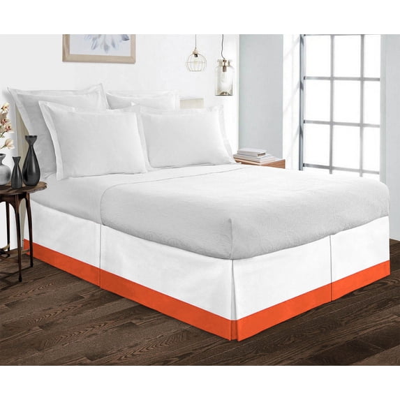 1 Piece Split Corner Two Tone Tailored Bed Skirt By D.N.G. BEDDINGS, Olympic Queen Size 18 Inch Deep Pocket, 800 TC, 100% Egyptian Cotton, Solid White/Orange Color.