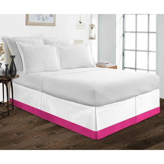 1 Piece Split Corner Two Tone Tailored Bed Skirt By D.N.G. BEDDINGS, Queen Size 12 Inch Deep Pocket, 800 TC, 100% Egyptian Cotton, Solid White/Hot Pink Color.