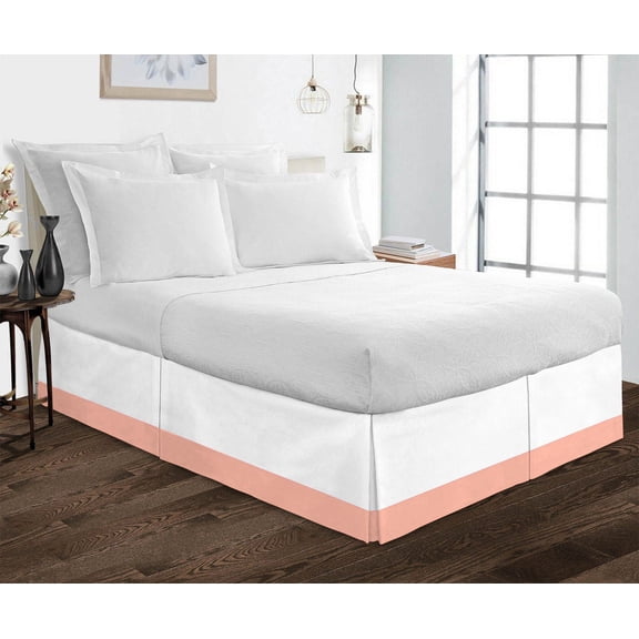 1 Piece Split Corner Two Tone Tailored Bed Skirt By D.N.G. BEDDINGS, Queen Size 21 Inch Deep Pocket, 800 TC, 100% Egyptian Cotton, Solid White/Peach Color.