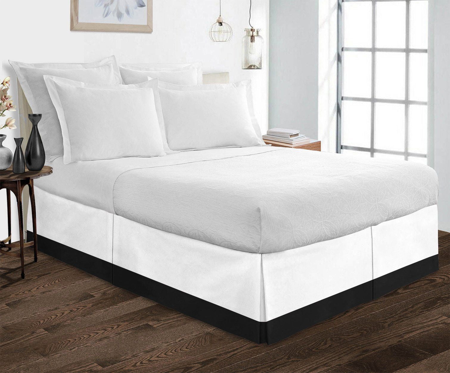 1 Piece Split Corner Two Tone Tailored Bed Skirt By D.N.G. BEDDINGS, Twin Size 10 Inch Deep Pocket, 800 TC, 100% Egyptian Cotton, Solid White/Black Color.