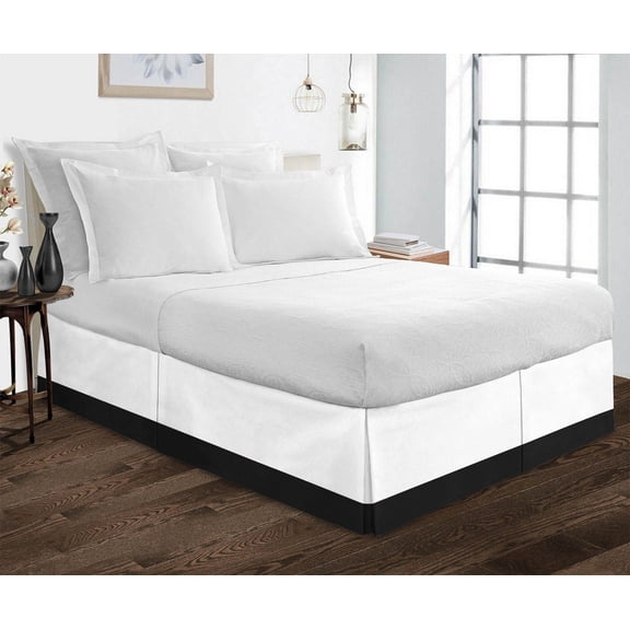 1 Piece Split Corner Two Tone Tailored Bed Skirt By D.N.G. BEDDINGS, Twin XL Size 10 Inch Deep Pocket, 800 TC, 100% Egyptian Cotton, Solid White/Black Color.