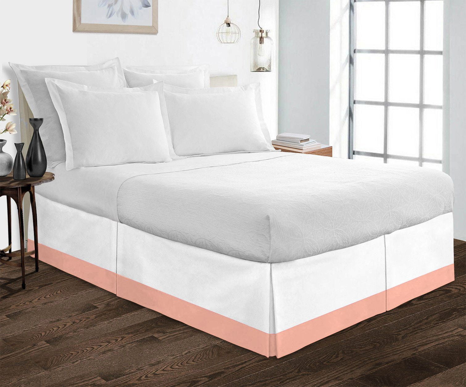 1 Piece Split Corner Two Tone Tailored Bed Skirt By D.N.G. BEDDINGS, Twin XL Size 15 Inch Deep Pocket, 800 TC, 100% Egyptian Cotton, Solid White/Peach Color.